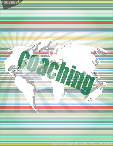 Image of coaching word on touch screen, modern virtual technology background vector quotation marks with thin line speech bubble. concept of citation, info, testimonials, notice, textbox. flat style trend desi