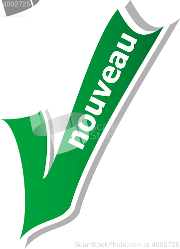 Image of New word on green check mark symbol and icon for approved design concept and web graphic on white background.