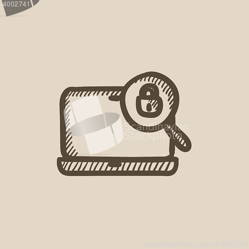 Image of Laptop and magnifying glass sketch icon.