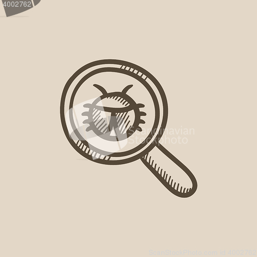 Image of Bug under magnifying glass sketch icon.