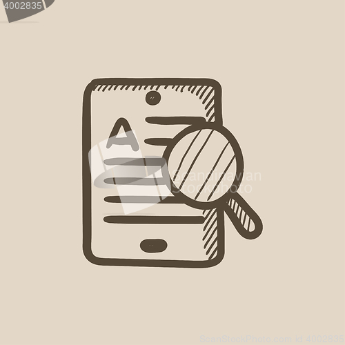 Image of Tablet and magnifying glass sketch icon.