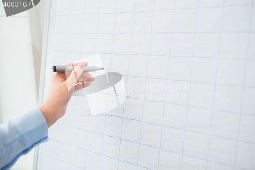 Image of close up of hand writing something on flip chart