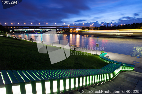 Image of Evening landscape with Luzhniki Metro Bridge. Moscow, Russia