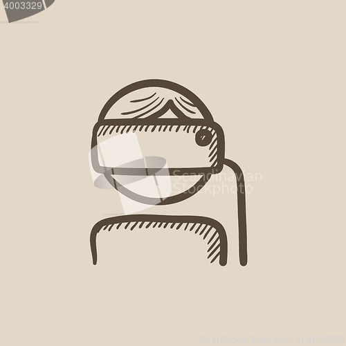 Image of Man wearing virtual reality headset sketch icon.