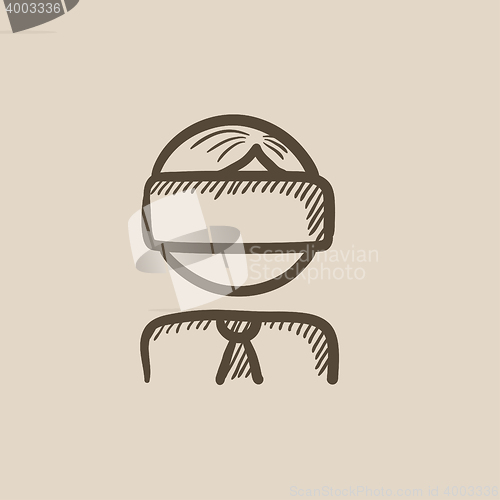 Image of Man wearing virtual reality headset sketch icon.