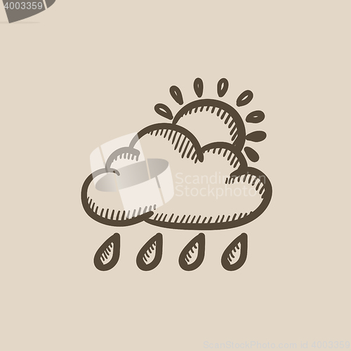 Image of Cloud with rain and sun sketch icon.