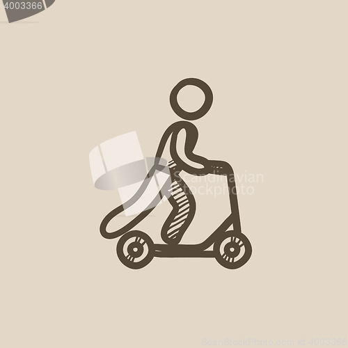 Image of Man riding kick scooter sketch icon.