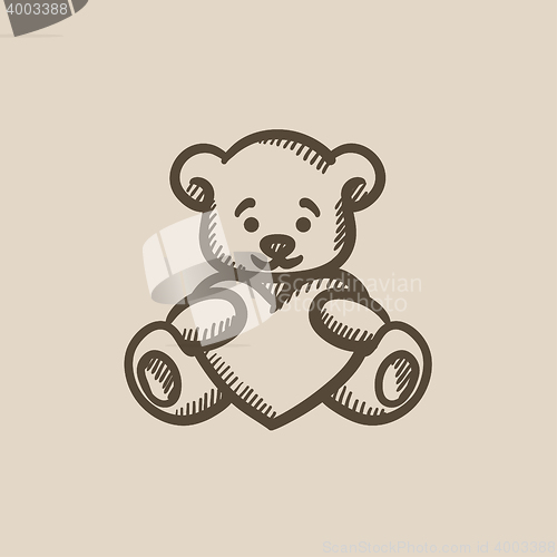 Image of Teddy bear with heart sketch icon.