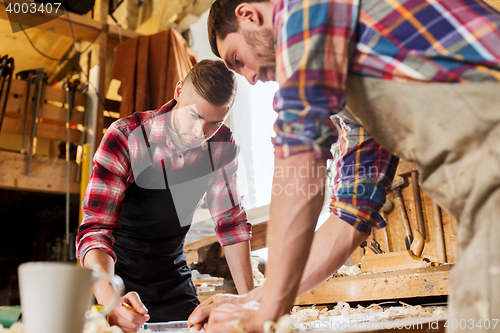 Image of carpenters with ruler and blueprint at workshop