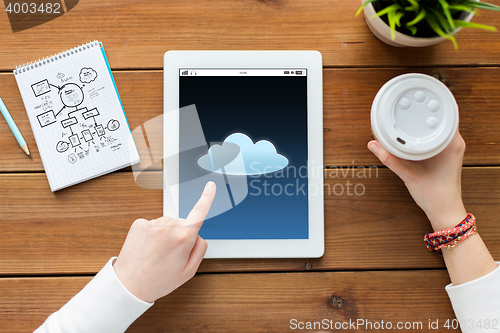 Image of close up of woman with tablet pc on wooden table