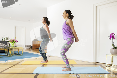 Image of two women doing yoga at home