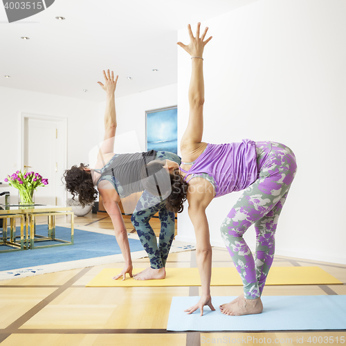 Image of two women doing yoga at home