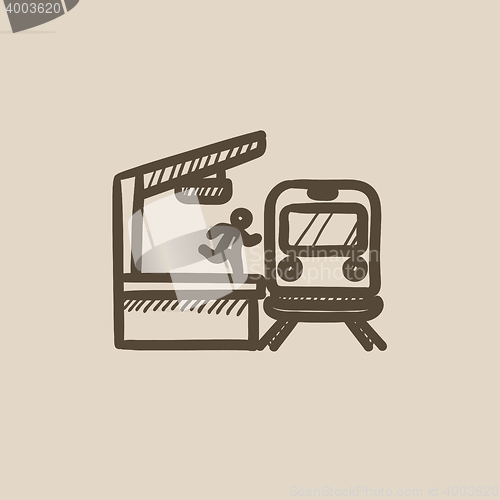 Image of Man runs along train station platform sketch icon.