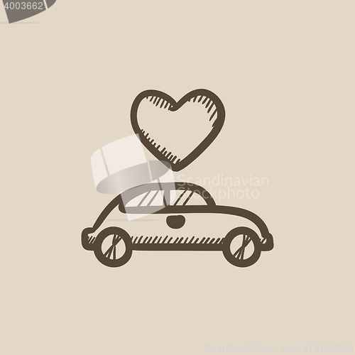 Image of Wedding car with heart sketch icon.