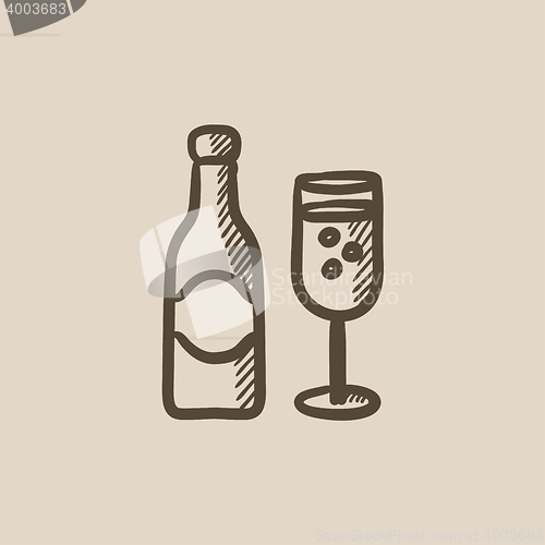 Image of Champagne bottle and two glasses sketch icon.