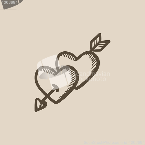 Image of Two hearts pierced with arrow sketch icon.