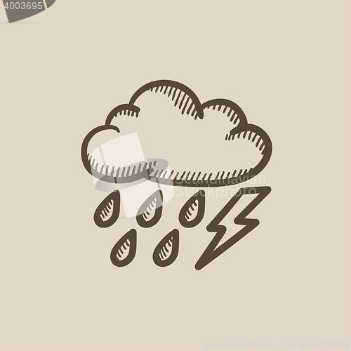 Image of Cloud with rain and lightning bolt sketch icon.