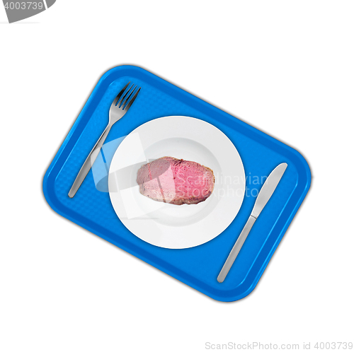 Image of Cut sirloin beef on a plate with fork and knife
