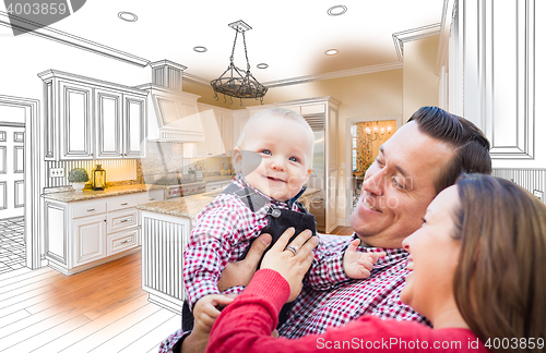 Image of Young Family Over Custom Kitchen Drawing and Photo Combination