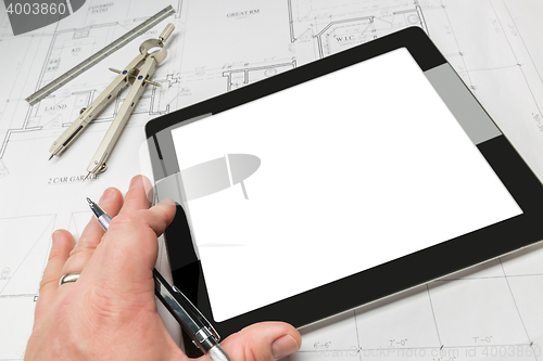 Image of Blank Computer Tablet, House Plans, Pencil, Compass, Clipping Pa