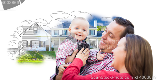 Image of Young Family Over House Drawing and Photo on White