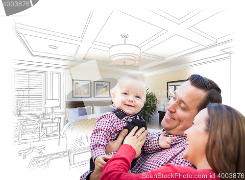 Image of Young Family With Baby Over Bedroom Drawing and Photo