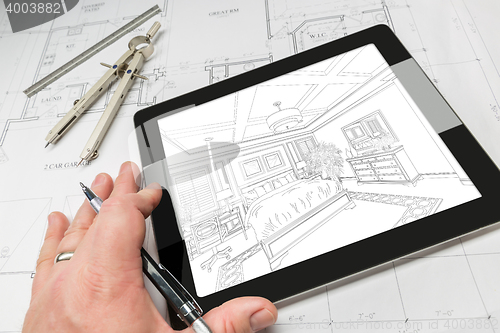 Image of Hand of Architect on Computer Tablet Showing Bedroom Illustratio