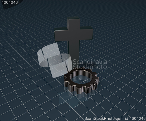 Image of christian cross and gear wheel - 3d rendering