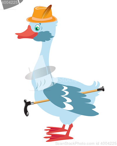 Image of Cartoon goose in hat with walking stick