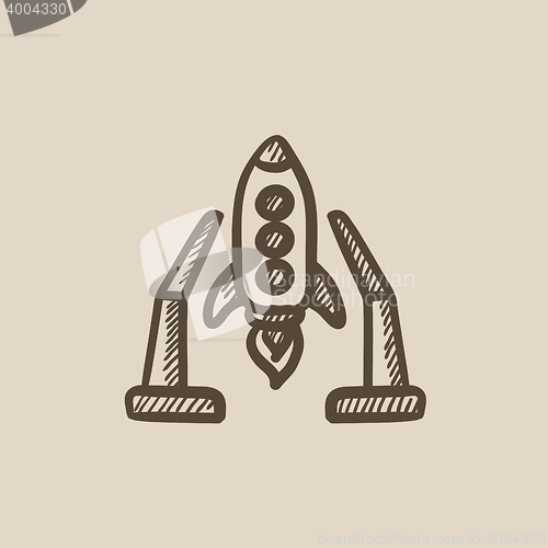 Image of Space shuttle on take-off area sketch icon.