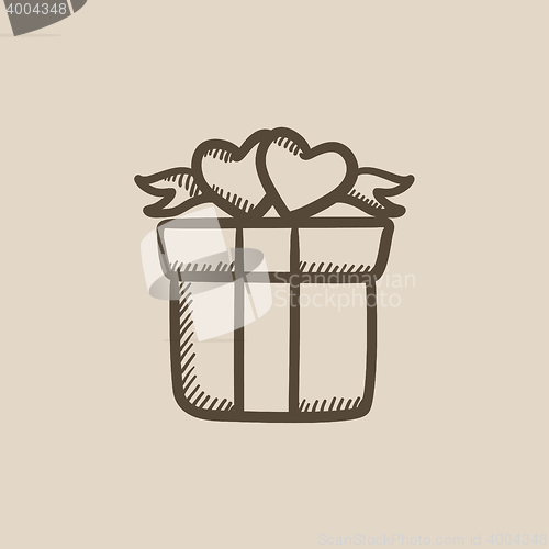Image of Gift box with hearts sketch icon.