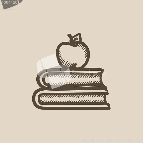 Image of Books and apple on top sketch icon.