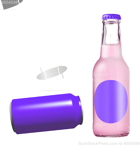 Image of violet aluminum can with soda in glass bottle