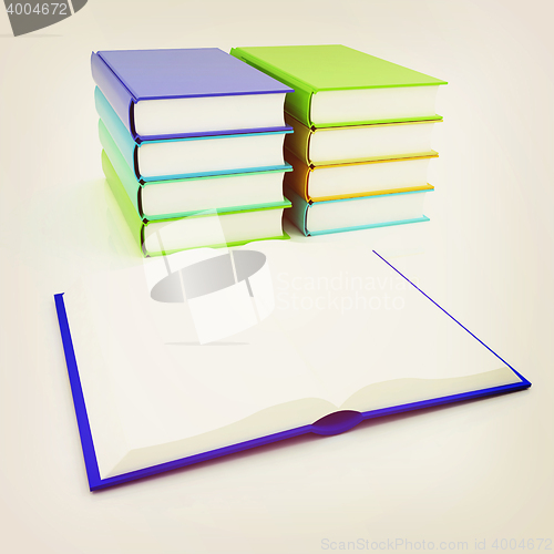 Image of colorful real books. 3D illustration. Vintage style.