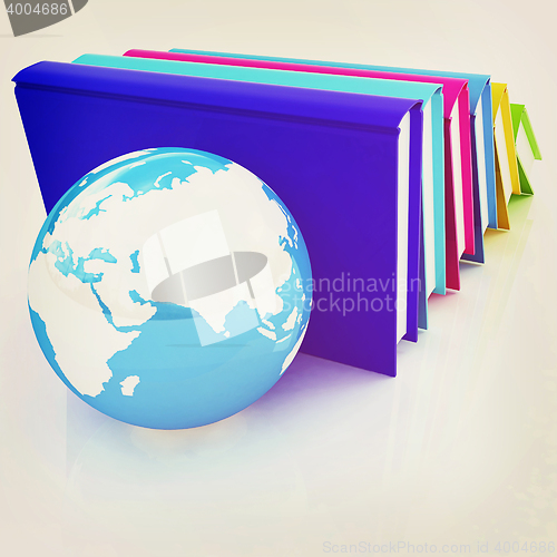 Image of colorful books and Earth. 3D illustration. Vintage style.