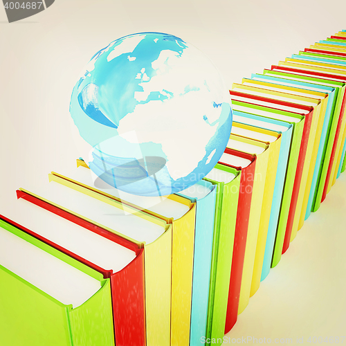 Image of Colorful books and earth. 3D illustration. Vintage style.