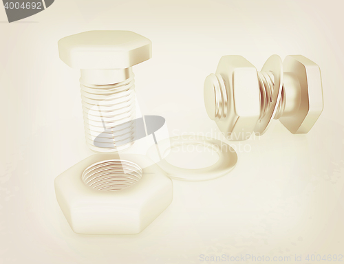 Image of stainless steel bolts with a nuts and washers. 3D illustration. 