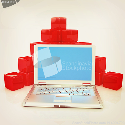Image of Cubic diagram structure and laptop. 3D illustration. Vintage sty