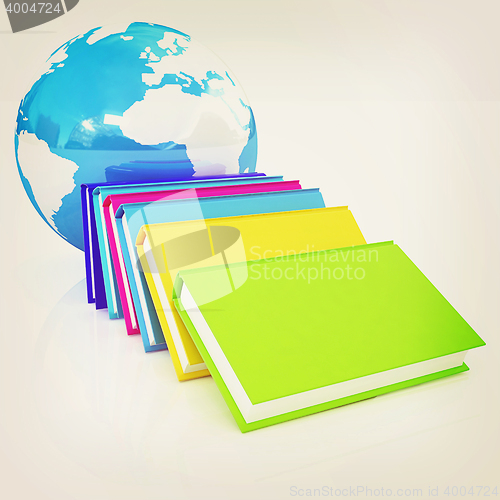 Image of colorful books and Earth. 3D illustration. Vintage style.