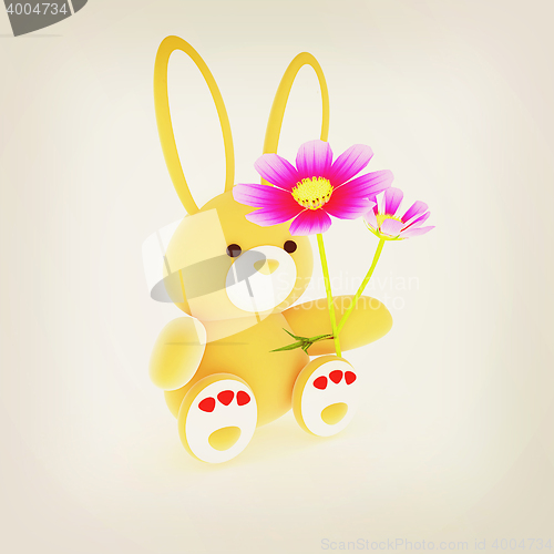 Image of soft toy hare with a little red hearts on white paws and cosmos 