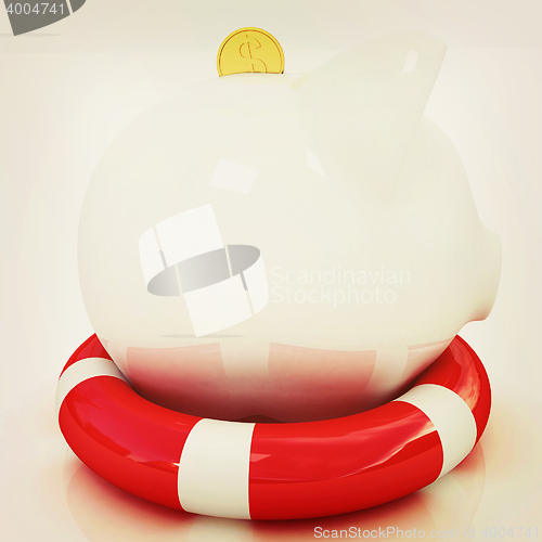 Image of piggy bank on lifebuoy. 3D illustration. Vintage style.