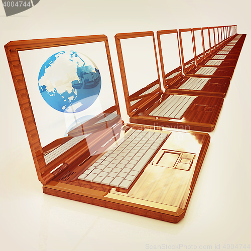 Image of Computer Network Online concept with Eco Wooden  Laptop and Eart