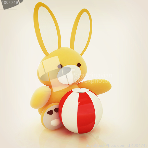Image of soft toy hare and colorful aquatic ball. 3D illustration. Vintag