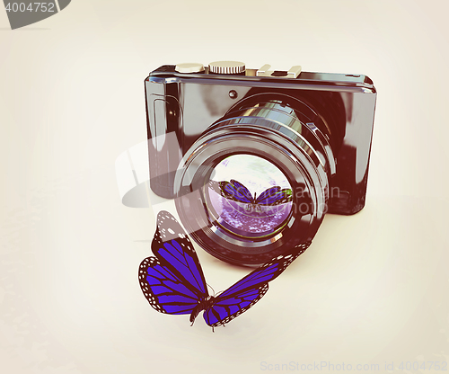 Image of 3d illustration of photographic camera and butterfly