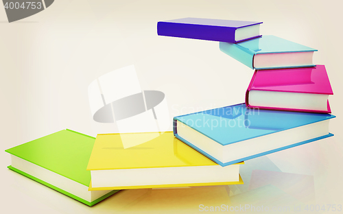 Image of colorful real books. 3D illustration. Vintage style.