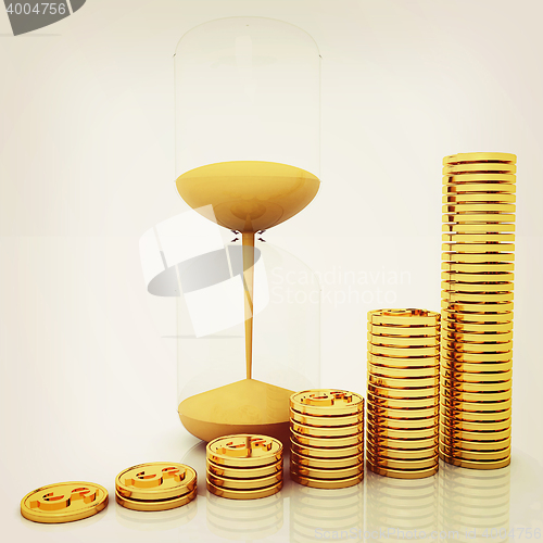 Image of hourglass and coins. 3D illustration. Vintage style.