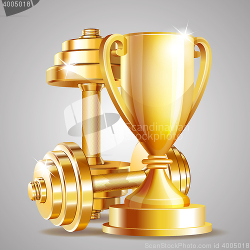 Image of Gold cup with golden realistic dumbbells.