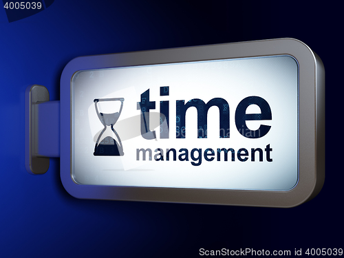 Image of Timeline concept: Time Management and Hourglass on billboard background
