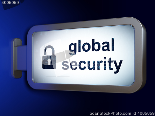 Image of Privacy concept: Global Security and Closed Padlock on billboard background