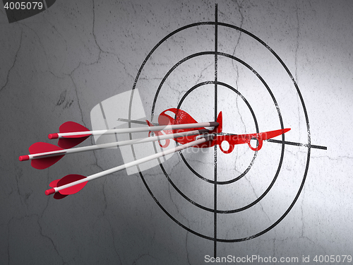 Image of Tourism concept: arrows in Airplane target on wall background